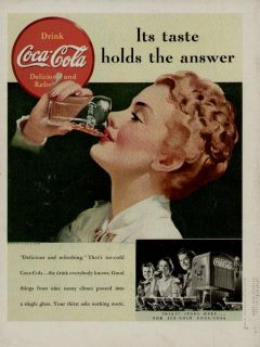 1939 COCA COLA DRINK AD/FEMALE SCENE DRINKING A COKE  ITS TASTE HOLDS