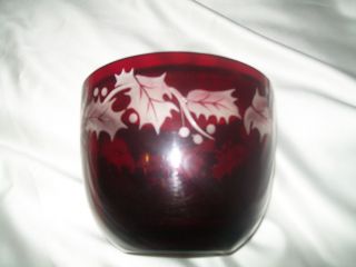  Teleflora Red Etched Crystal Holly Design Bowl