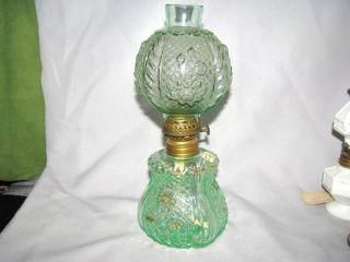 Antique S1 258 Ice Green Glass Embossed Flower & Crosshatch Miniature