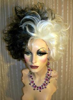Drag Queen Wig Costume Cruella DeVille Teased Out Half White Half