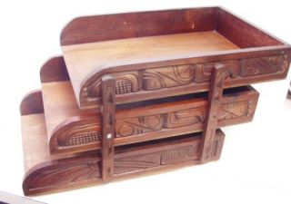 Vintage Ornate Letter Tray Desk Organizer Hand Carved Wood Honduras CA