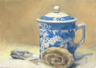 Sepos Daily Painting a Day Still Life Tea Nut Roll with lidded cup tea