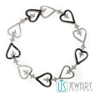 84 Carat Womens White Black Diamond Heart Link Bracelet 14k Solid