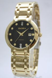New Elgin Men Diamond Collection Stainless Steel Gold Date Watch 38mm
