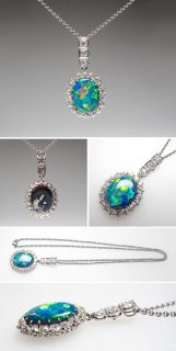  Black Opal & Diamond Pendant Necklace Solid Platinum Art Deco 1930s