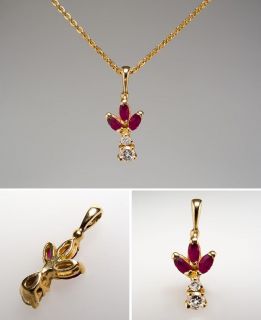  Marquise Ruby & Diamond Pendant Solid 14K Gold Fine Estate Jewelry