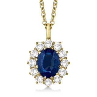  Oval Cut Blue Sapphire Diamond Pendant Necklace 14k Yellow Gold