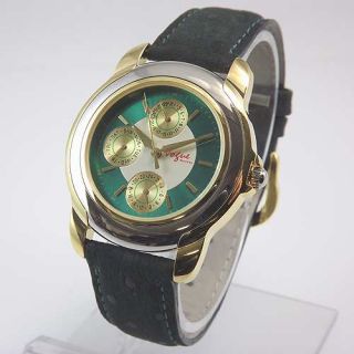  MONTRES Mens Round Two Tone Day   Date Calendar Green Strap Watch NIB