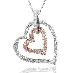 14k White Pink Gold 2 Heart Diamond Pendant Necklace