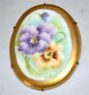  Hand Painted Porcelain Pansy Flower Pin Signed Dietz w C Clasp