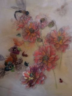 Debbi Chan Watercolor with Embroidery on Silk Original Flowers Bugs