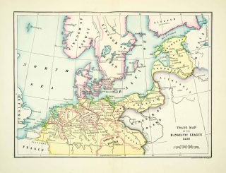  Map Hanseatic League Germany Bohemia 1400 Denmark, Brunswick Flanders
