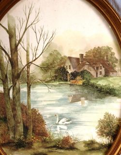 L3 VINTAGE FRAMED WATERCOLOR PRINT SWAN AND STONE HOME LAKE LANDSCAPE
