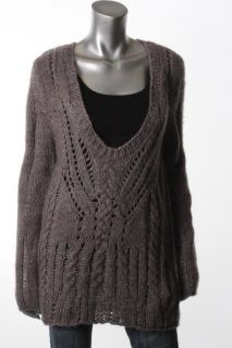 Designer Brown Long Sleeve Deep V Neck Pullover Sweater BHFO