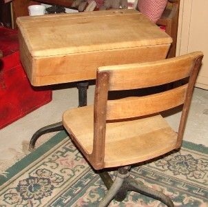 vintage wooden childs school desk swivel chair