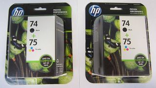 LOT OF 2 HP INK CARTRIDGES 74 BLACK AND 75 TRI COLOR, MAY 2014