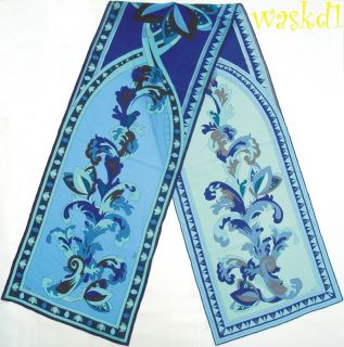 Emilio Pucci Aqua Blue Delft Long 12 5x67 Silk Crepe Scarf Authentic