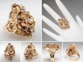 Genuine Diamond Floral Cluster Cocktail Ring Solid 14k Gold Fine