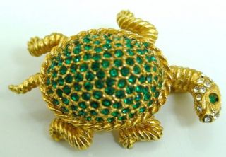 Denicola Vintage Signed Green Rinestone Turtle Brooch