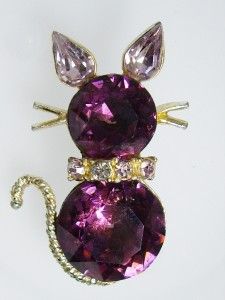 Vintage Dodds Amethyst Purple Glass Rhinestone Kitty Cat Pin Brooch 1