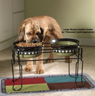 Elevated Dog Feeder Double Dish Station Emerald Green Paw Print Bowls