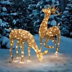  Christmas LIGHTED GOLD SET 2 REINDEER Doe Buck Sculpture Display