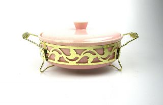 Bauer Pottery 3 Quart Casserole Dish with Brass Finish Holder Pink
