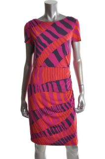 Donna Morgan New Multi Color Printed Cap Sleeve Crew Neck Ruched