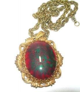LARGE SIGNED VINTAGE MIRIAM HASKELL RED GREEN GLASS NECKLACE PENDANT