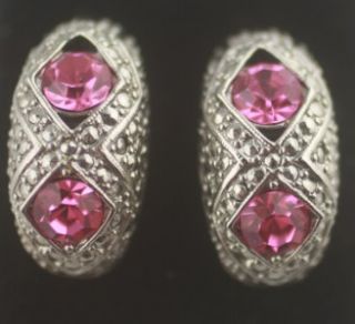 Vintage double pink rhinestone hoop silver tone earrings post pierced