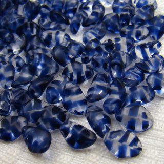 100 Czech transparent clear and blue striped offset glass leaf beads 8