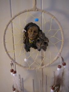 Native American Indian & Wolf Dreamcatcher Hanging w Feathers, Chimes