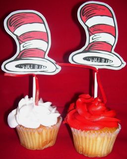 Dr Seuss Cat in The Hat Theme Birthday Party Cupcake Toppers Custom