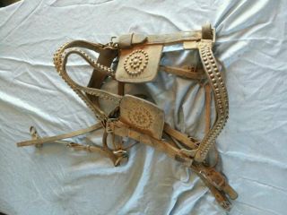 Antique Fancy Draft Work horse bridle bits blinders brass rosettes and