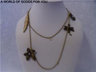 New Anthropologie Dragonfly Flower Crystal Charms 37 Gold Necklace