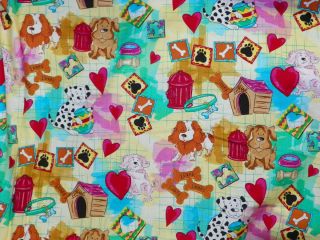 DOGS HEARTS FIRE HYDRANT PAWS BONES DOG THEMED FABRIC 2 YDS B