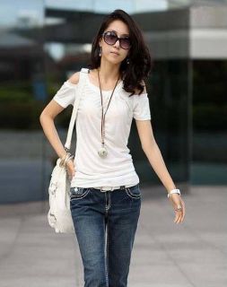 Lady Strapless Round Neck Short Sleeve T Shirt Top Blouse