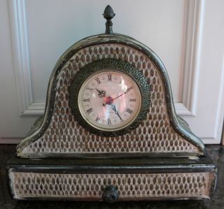 Mantel Clock Wood And Wicker Lovely Washed Distressed Finish Small