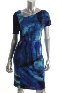 Donna Morgan Blue Printed Matte Jersey Asymmetric Wear to Work Dress 6