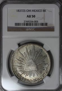 1837 ZS NGC AU 50 Mexico Silver 8 Reales Scarce Grade Zacatecas Mint