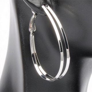 silver double oval hollow out hoop earrings stud e234