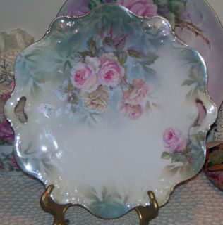 Antique RS Prussia Pink Yellow Roses 101 2 Double Handle Cake Plate
