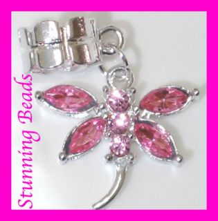 Sterling Silver PL Pink Dragonfly Bead 4 Charm Bracelet