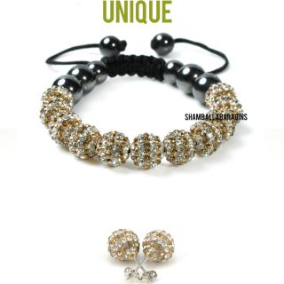  Gold White 11 Stone Stripe Shamballa Bracelet Earrings Set