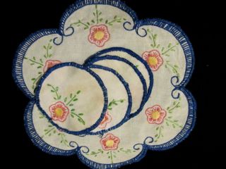 Vtg Doily Dresser Scarve Coaster Set Hand Embroidered Cotton