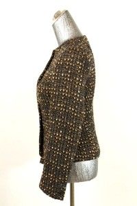Womens Brown Donna Karan Jacket Blazer Wool Tweed Cropped Crew Neck