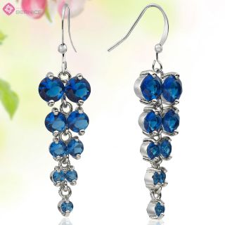  Jewelry Round Cut Blue Sapphire White Plated Long Dangle Drop Earrings