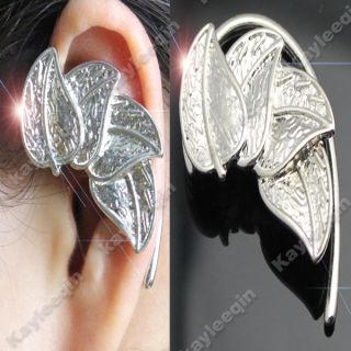 Fab Silver Leaves Ear Cuff Stud Earrings Non Pierced Ear Boho Goth