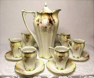 Lovely~Antique R.S. Prussia White Roses Chocolate Set c.1900 Mold #507