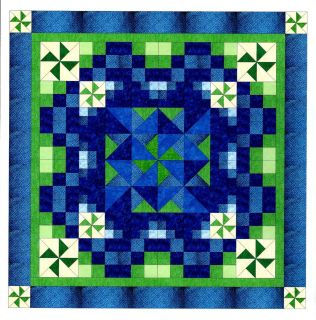 Easy Quilt Kit NinePatch Pinwheel Medallion Blue Pre cut Fabrics Ready